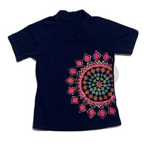 Land's End Pullover T Shirt 10 Girls Navy Short Sleeves Mock Neck Beach Swimming